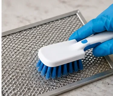 A gloved hand gently scrubbing the metal mesh of a microwave grease filter with a small soft-bristle brush.