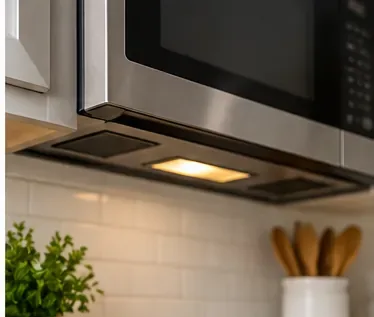 An over-the-range microwave after the grease filter has been reinstalled, ready for normal vent use.