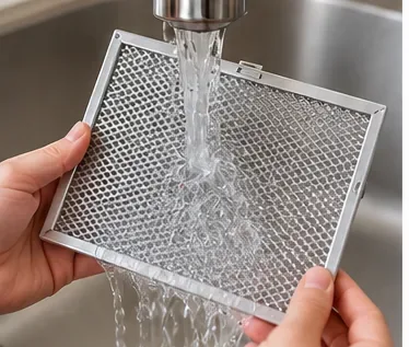 A microwave grease filter being rinsed thoroughly under clean running water in a kitchen sink.
