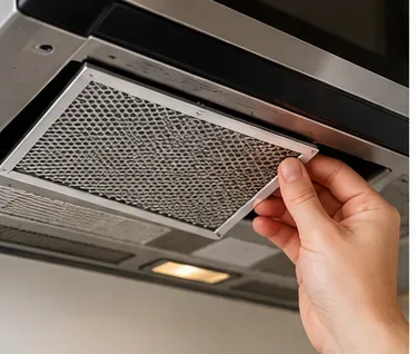 A hand sliding a rectangular metal grease filter out from the underside of an over-the-range microwave.
