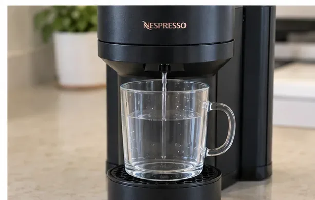 Clear water flowing from a black Vertuo-style coffee machine into a large transparent mug positioned under the outlet.