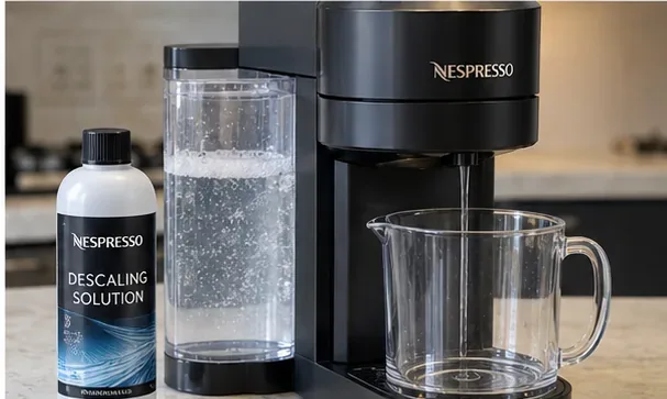 A black Vertuo-style coffee machine beside a bottle labeled descaling solution, a filled water tank, and a large empty glass container.