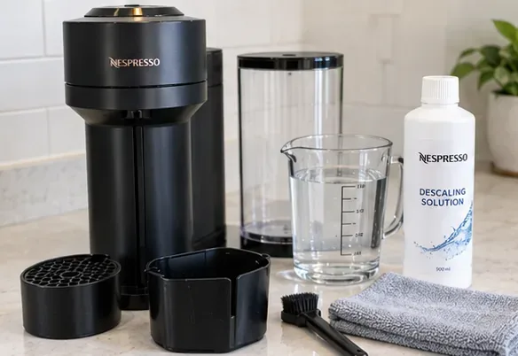 A black Vertuo-style coffee machine beside a water reservoir, measuring jug, cleaning cloth, brush, removable parts, and descaling solution on a kitchen counter.
