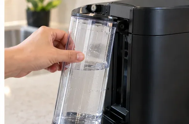 A hand reinstalling a rinsed transparent water reservoir on the side of a black Vertuo-style coffee machine.