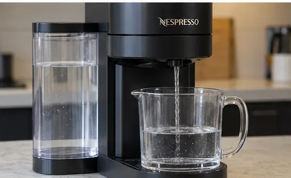 Fresh rinse water streaming from a black Vertuo-style machine into a clear measuring jug while the reservoir remains filled with water.