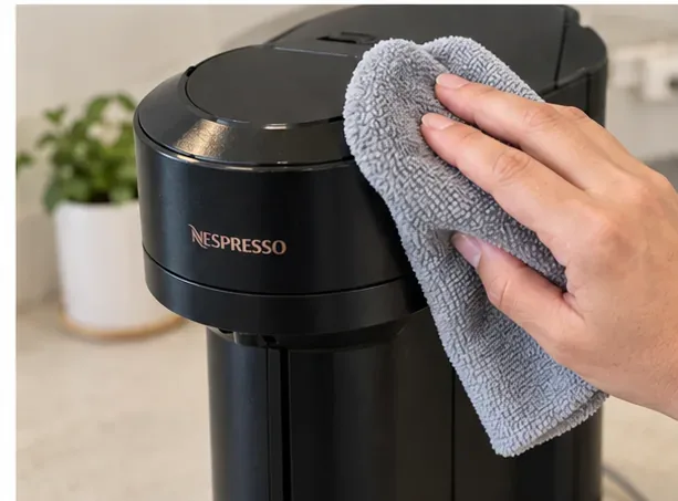 A hand wiping the rounded exterior of a black Vertuo-style coffee machine with a soft gray microfiber cloth.