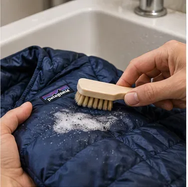 A soiled area on a navy down jacket being treated carefully with a small soft brush near a sink.