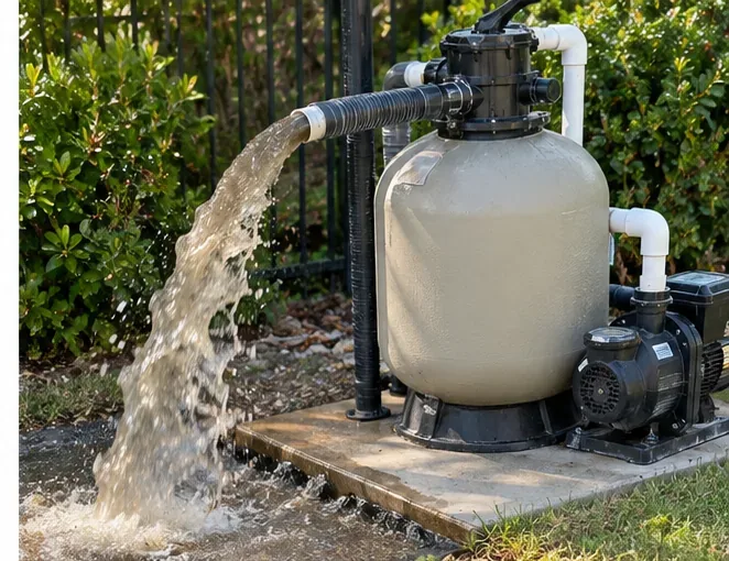 Wide view of a beige pool sand filter and pump while a strong stream of cloudy water exits a flexible backwash hose.