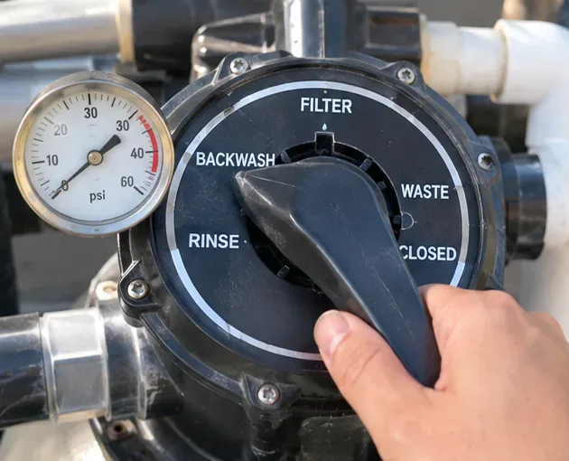 Hand on a black pool filter multiport valve with the Backwash position clearly visible next to the pressure gauge.