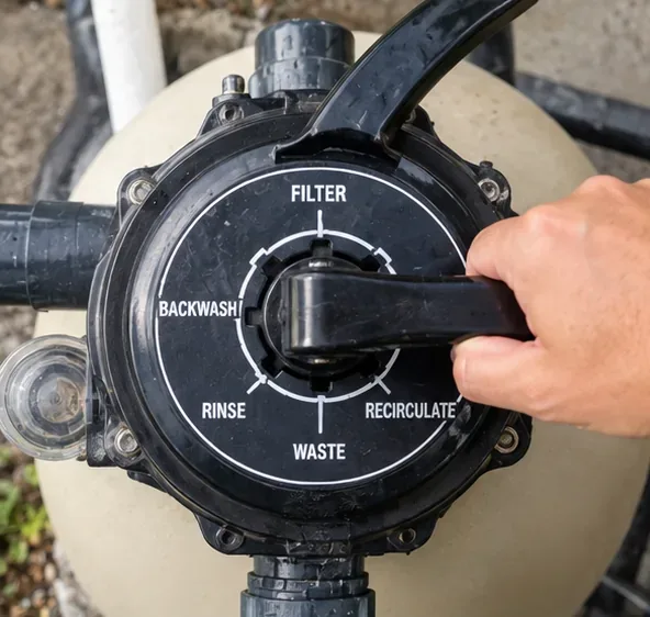 Close-up of a black multiport valve on a beige pool sand filter showing Filter, Backwash, Rinse, Waste, and Recirculate labels.