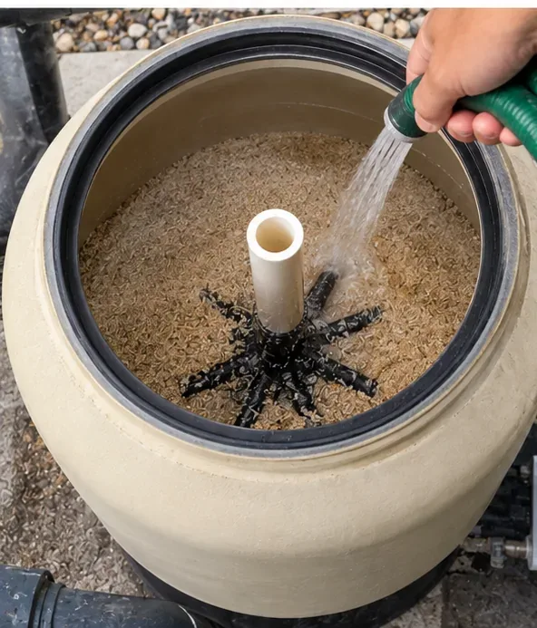 Open beige sand filter tank with filter media exposed while water from a garden hose is directed across the top of the media.