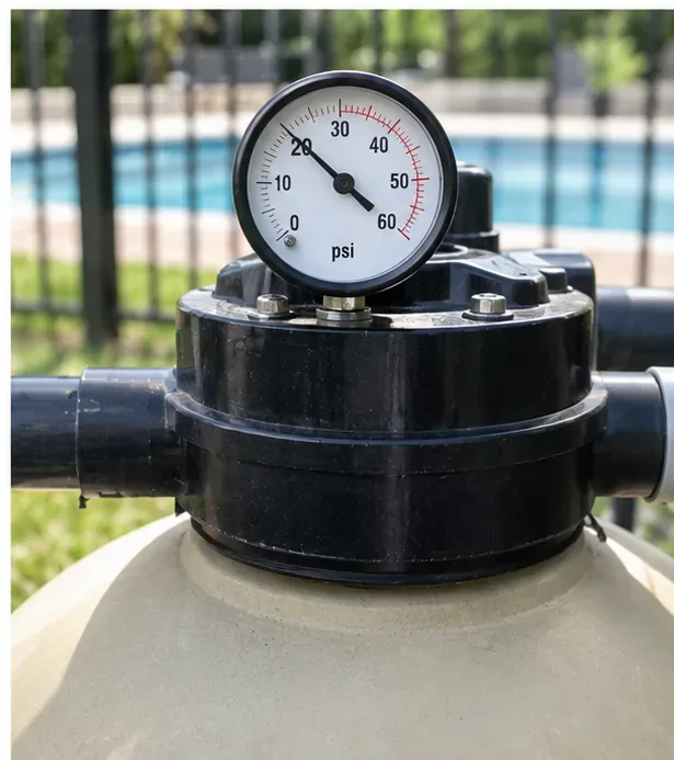 A round pressure gauge mounted on a pool sand filter with the swimming pool blurred in the background.