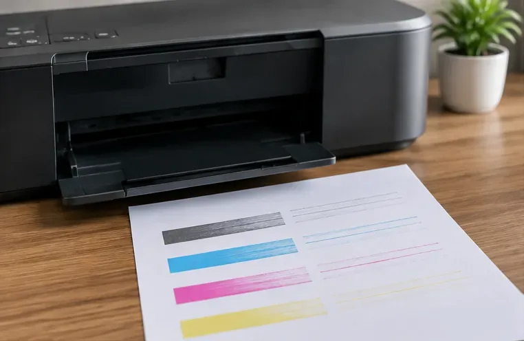 An inkjet printer beside a diagnostic page showing faded black and color bars with broken horizontal lines.