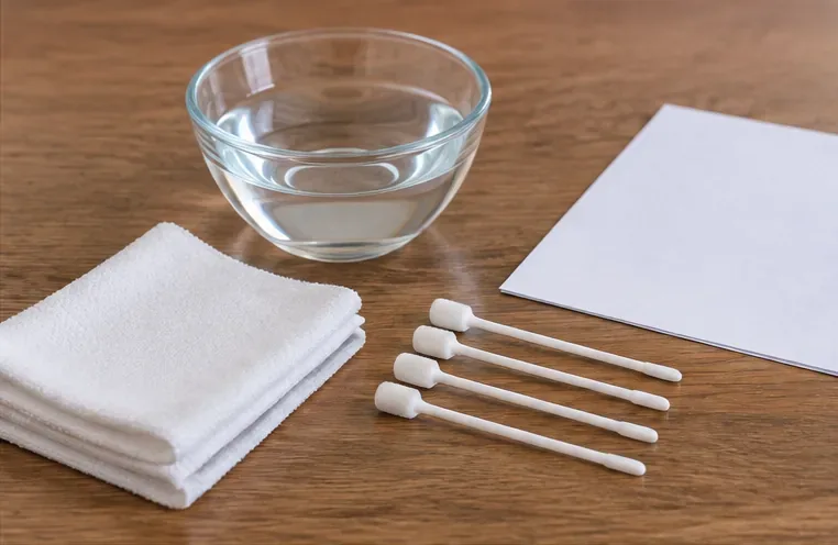 A small bowl of clear distilled water, folded lint-free white cloths, clean foam swabs, and a sheet of paper arranged on a wooden table.