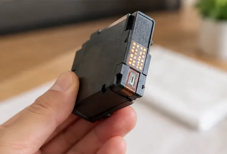 A close-up of an ink cartridge held by its plastic body, showing gold electrical contact pads and a separate nozzle area at the end.