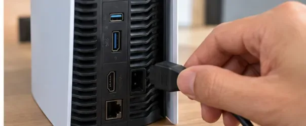 A hand unplugging the power cable from the rear of a PS5 console before cleaning.