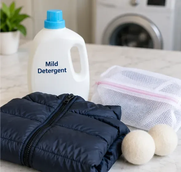 A folded navy puffer jacket beside mild detergent and two wool dryer balls with a tumble dryer in the background