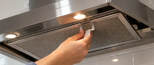 A hand releasing the latch on a rectangular metal mesh range hood filter beneath a stainless-steel hood