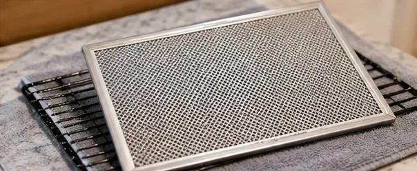 A clean metal mesh range hood filter lying on a towel and drying rack
