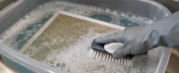 A gloved hand gently scrubbing a metal mesh range hood filter with a soft cleaning brush in soapy water