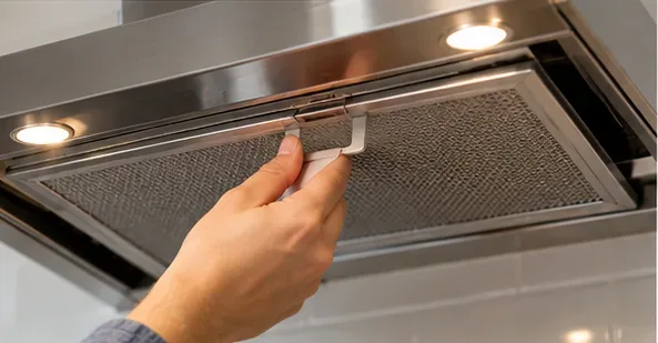 A hand pushing a clean rectangular metal grease filter back into the underside of a stainless-steel range hood
