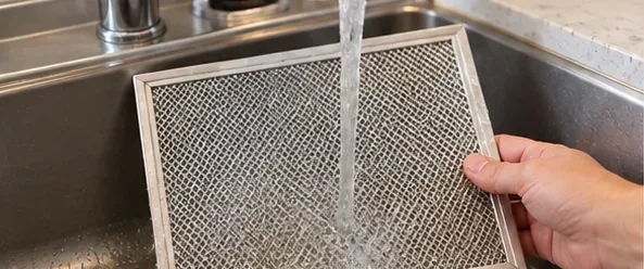 A metal mesh range hood filter being rinsed under running water in a kitchen sink