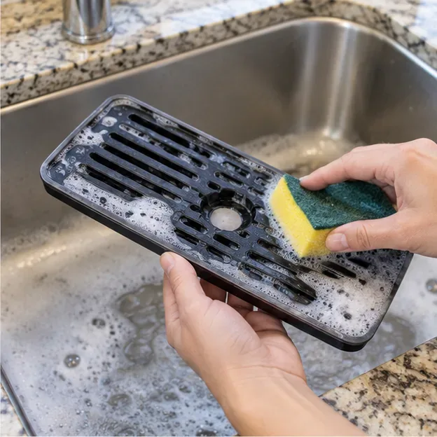 Hands washing a removable refrigerator dispenser drip tray in a sink with warm, sudsy water.