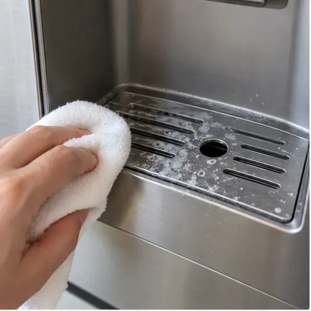 A soft white cloth wiping dried mineral spots from the refrigerator dispenser spill shelf.