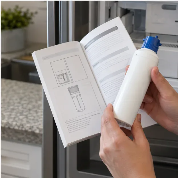 Hands holding a refrigerator water filter cartridge next to an open appliance manual at the refrigerator.