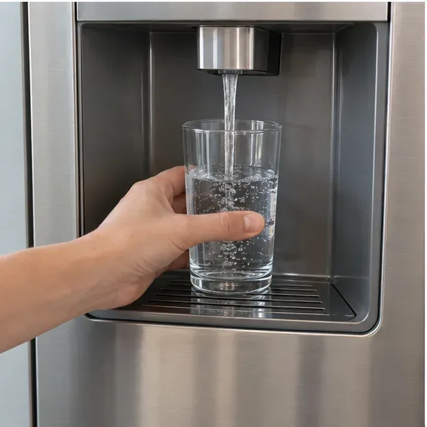 Clear water flowing from a refrigerator dispenser into a clean drinking glass after the dispenser has been cleaned.