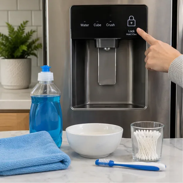 A hand enabling the dispenser control lock beside microfiber cloths, mild dish soap, a bowl, cotton swabs, and a small brush.
