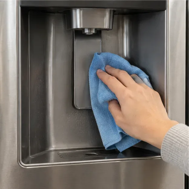 A hand wiping the inside walls and dispenser paddle of a stainless-steel refrigerator with a blue microfiber cloth.