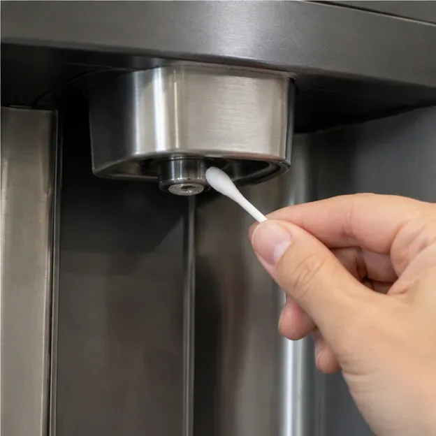 Close-up of a cotton swab gently cleaning around the visible refrigerator water dispenser nozzle.