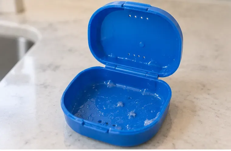 Open blue plastic retainer case on a light counter with small spots of residue visible inside
