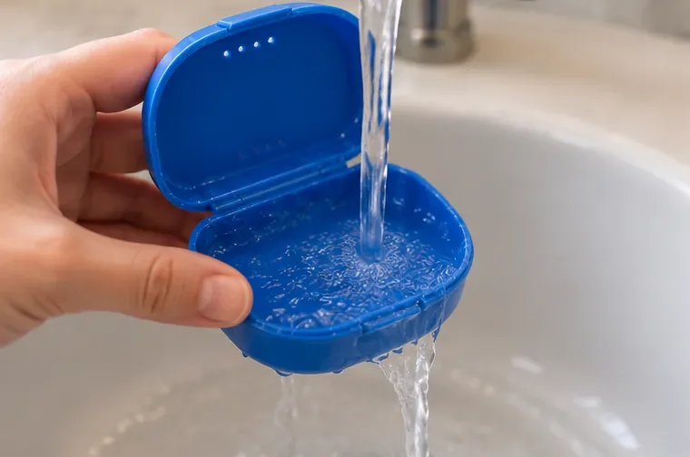 Open blue retainer case being rinsed thoroughly under a stream of clear tap water