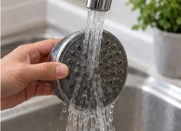 A removed chrome shower head being rinsed thoroughly under a stream of clear water at a sink