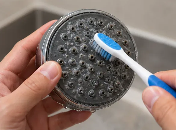 Close-up of flexible shower head nozzles being cleaned gently with a small soft-bristled toothbrush