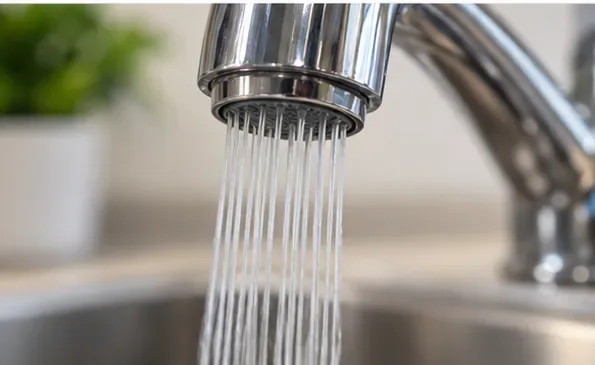A cleaned chrome sink faucet producing a smooth, even pattern of water streams into the sink