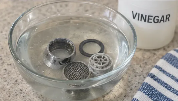 Removable chrome faucet aerator parts soaking in a clear bowl of diluted vinegar solution beside a kitchen towel