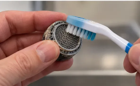 A small soft toothbrush gently brushing mineral residue from the mesh screen of a faucet aerator held in one hand