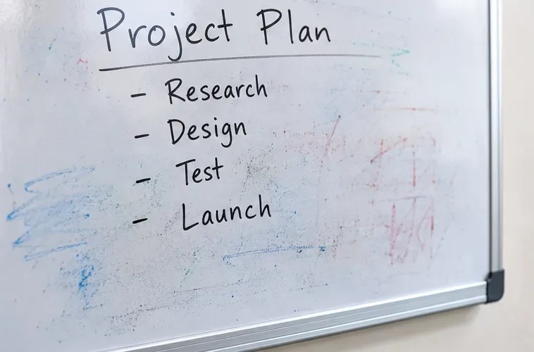 A dry-erase board with colorful ghost marks and old ink residue around a project list