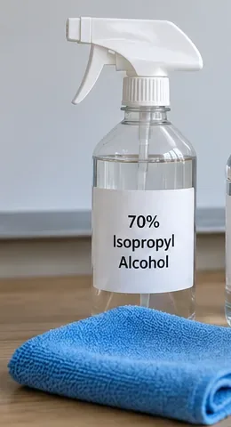 A soft blue microfiber cloth beside a bottle of rubbing alcohol for targeted dry-erase board stain removal
