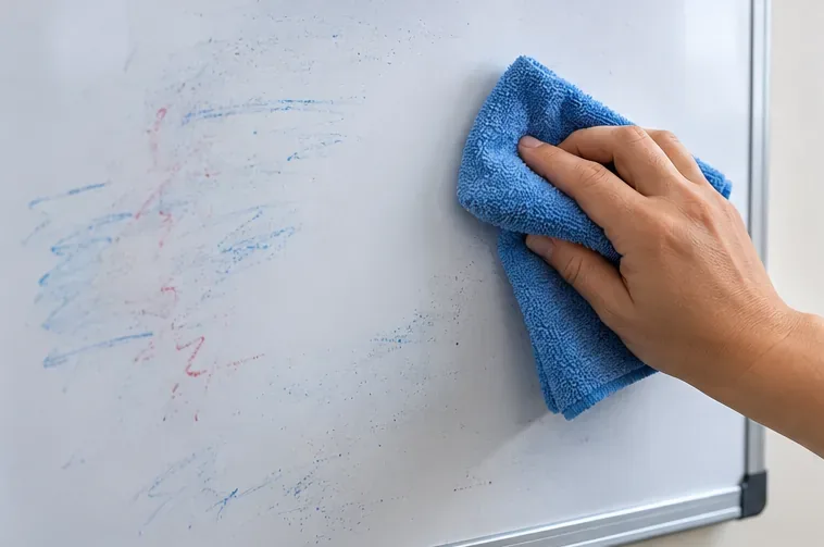 A hand wiping faded blue and red marker residue from a dry-erase board with a soft blue microfiber cloth