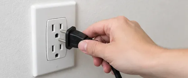 A hand pulls a vacuum cleaner power plug from a wall outlet before maintenance.