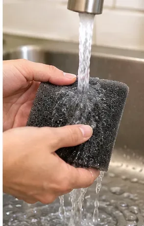 Two hands gently rinse a black foam vacuum filter under running water in a sink.