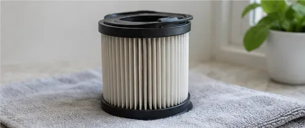 A cleaned pleated vacuum filter stands upright on a dry towel in an airy room.