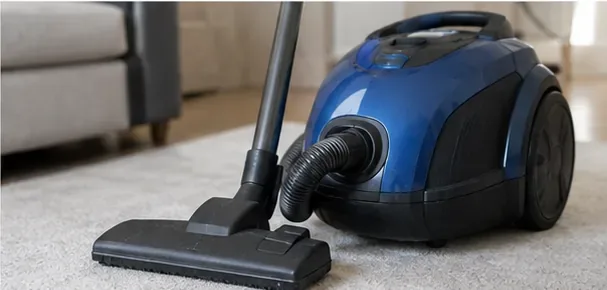 A fully assembled blue canister vacuum with hose and floor head positioned on a clean carpet after filter maintenance.