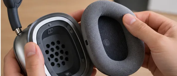 Hands lifting a gray AirPods Max cushion away from an exposed ear cup