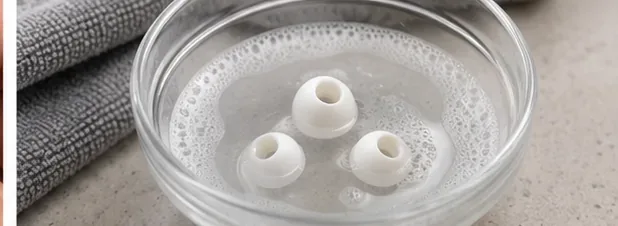 Three white AirPods Pro ear tips sitting in a bowl of bubbly liquid