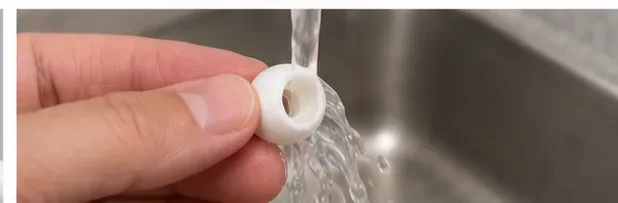 A detached white AirPods Pro ear tip being rinsed under a stream of water over a sink